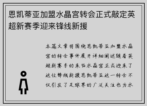 恩凯蒂亚加盟水晶宫转会正式敲定英超新赛季迎来锋线新援