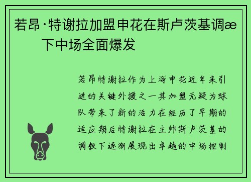 若昂·特谢拉加盟申花在斯卢茨基调教下中场全面爆发