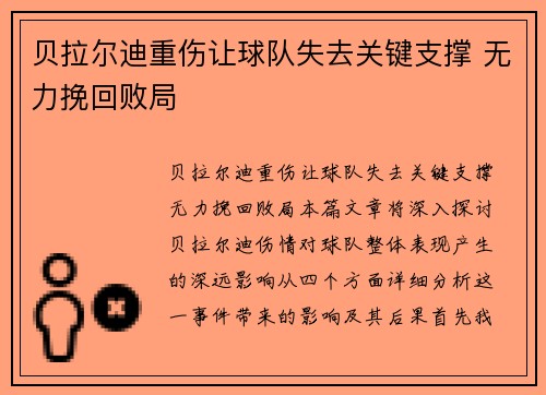 贝拉尔迪重伤让球队失去关键支撑 无力挽回败局